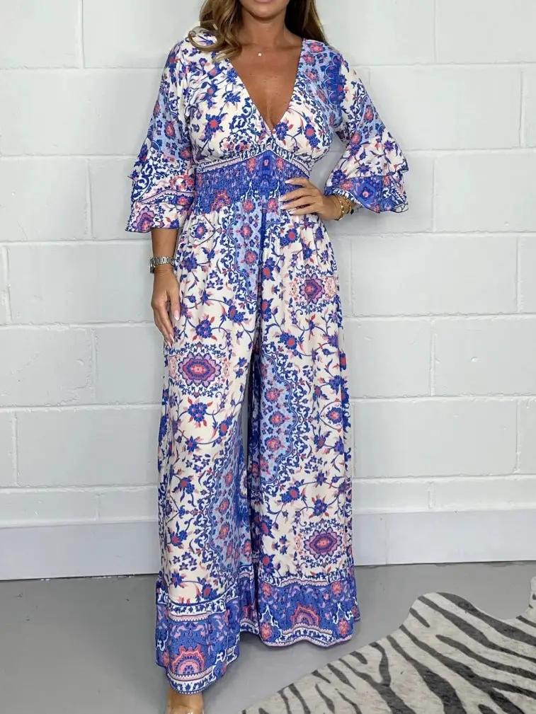 V-neck Printed Jumpsuit Plus Size Casual Jumpsuit by GJG Denim