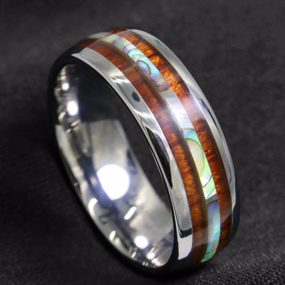 8mm Wood Grain Shell Titanium Steel Ring For Men by GJG Denim