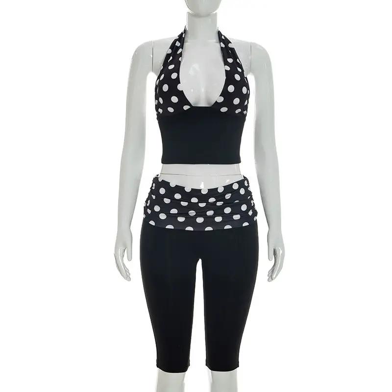 Women's Polka-Dot Printed High-Waisted Cropped Pants Set by GJG Denim