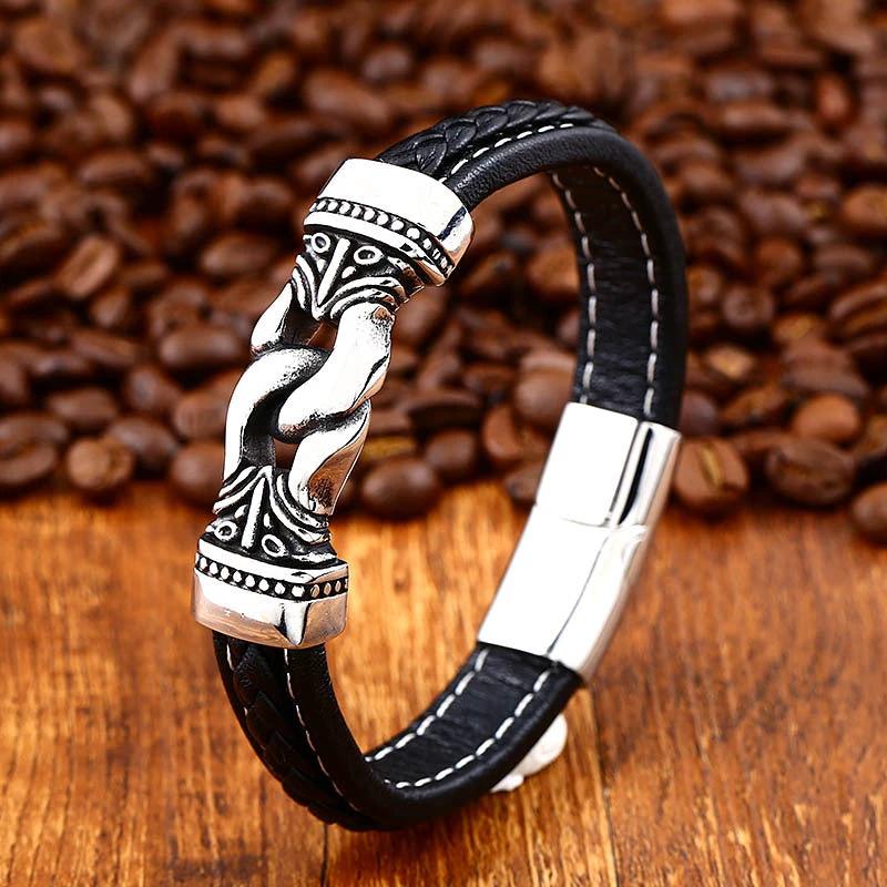 Men's Vintage Stainless Steel Leather Bracelet by GJG Denim