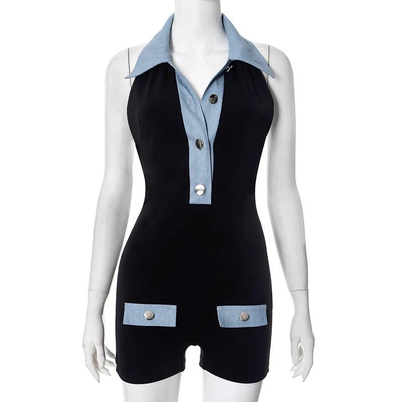 Polo Collar Denim Contrast Colors Slimming Women's Clothing One-piece Shorts by GJG Denim