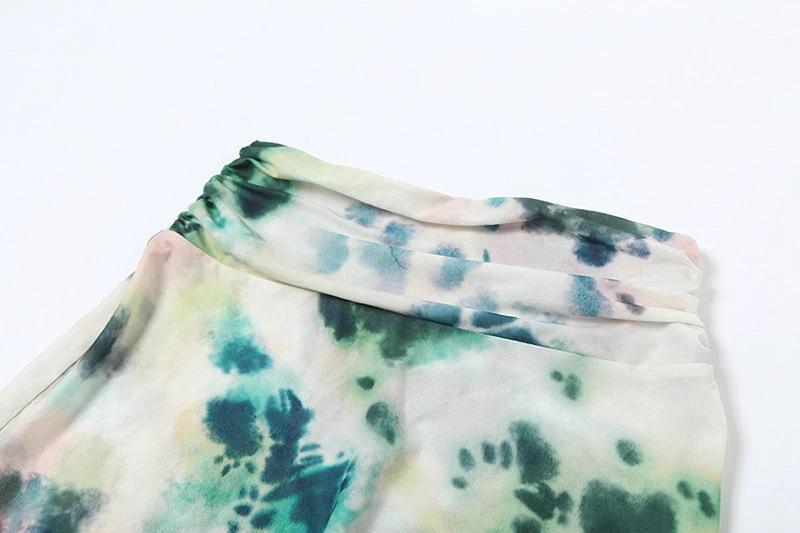 2pcs Tie Dye Printing Deep V-neck Suits Fashion Halter Backless Skirt For Beach Party Womens Clothing by GJG Denim
