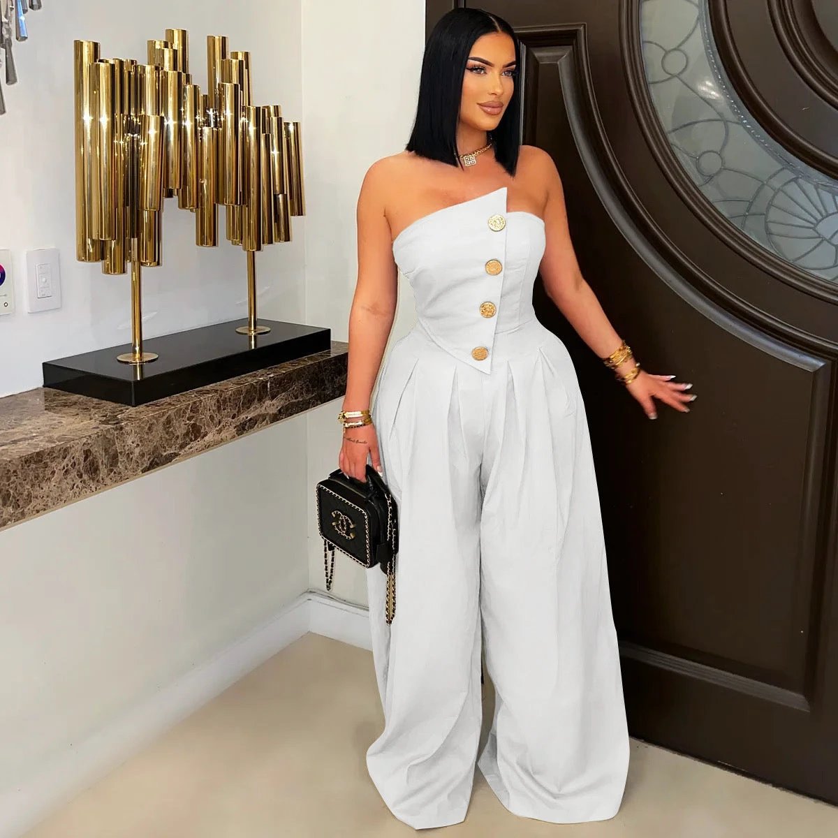 Sexy Tube Top Sleeveless Metal Button Wide Leg Jumpsuit by GJG Denim