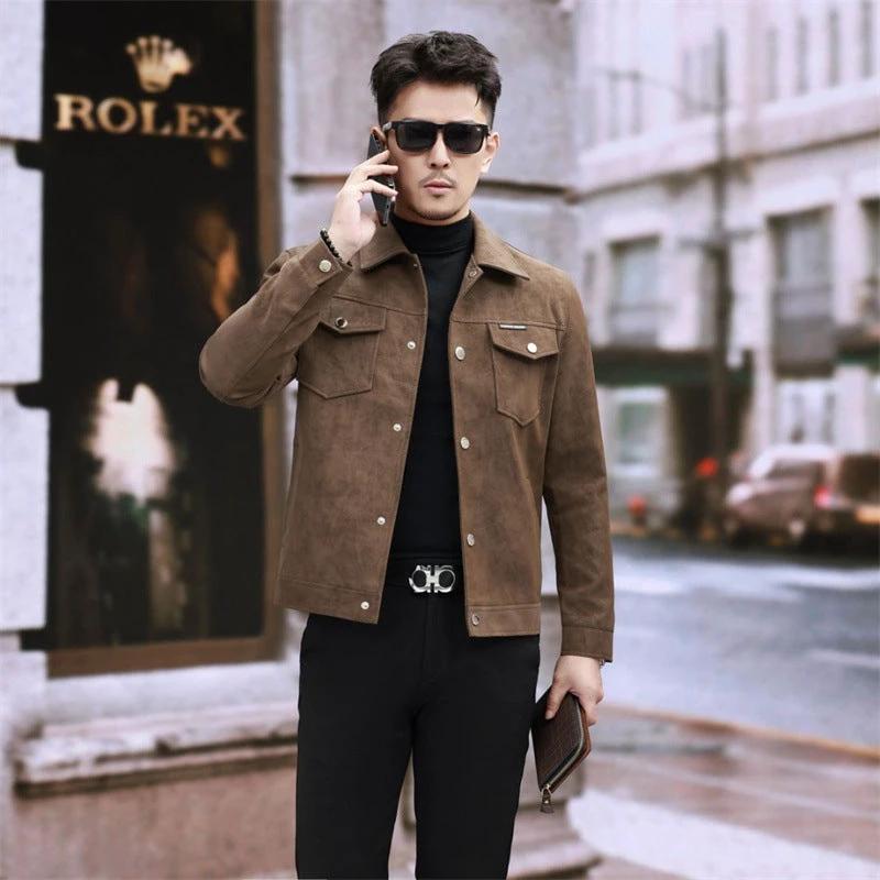 Suede Leather Jacket Men's Slim-fit High-grade Pu Handsome Retro Biker's by GJG Denim