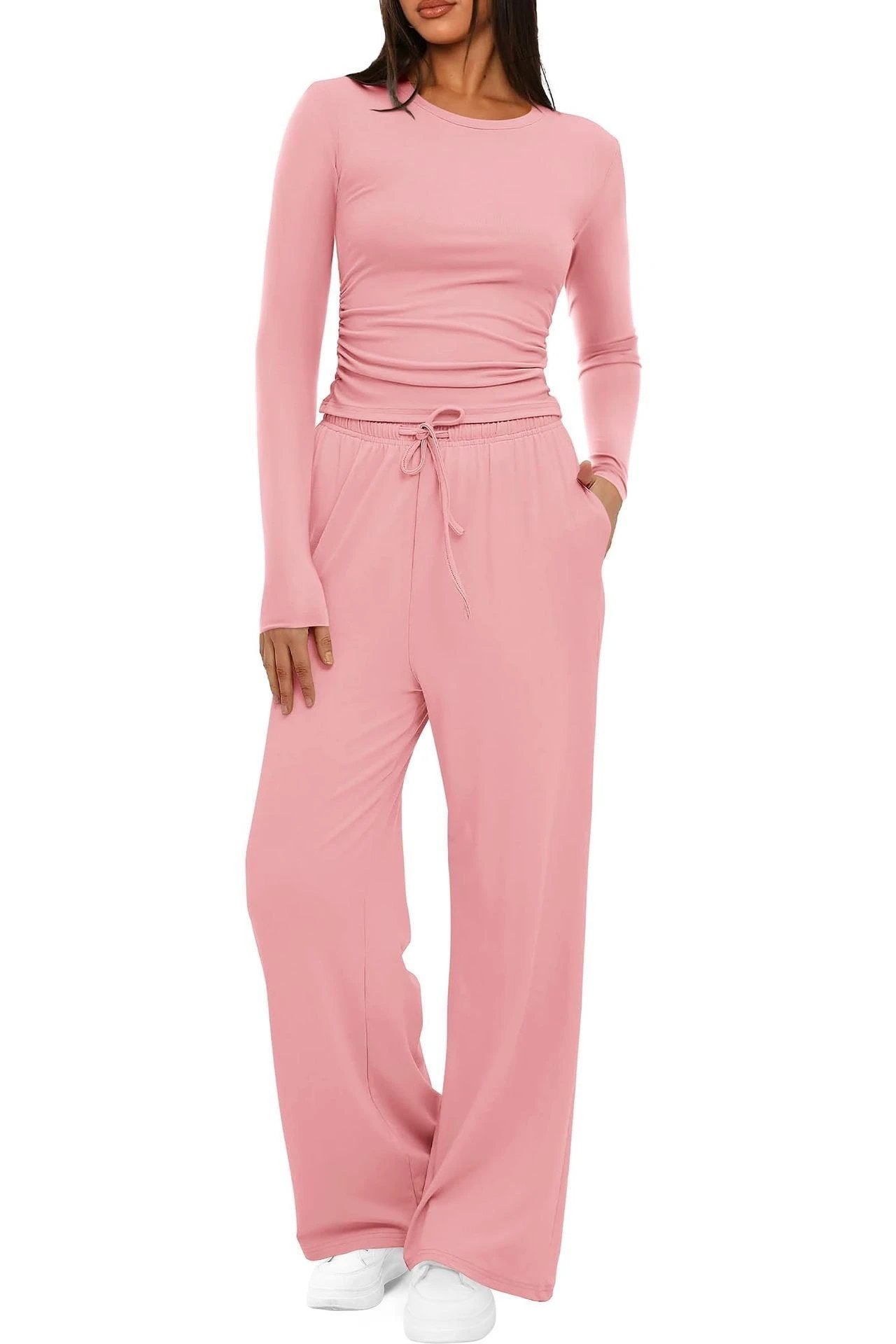2 Pieces Women's Suit Autumn Winte Long Sleeve Tops High Waisted Wide Leg Pants Sportswear Female Clothes Solid Color Casual Suit by GJG Denim