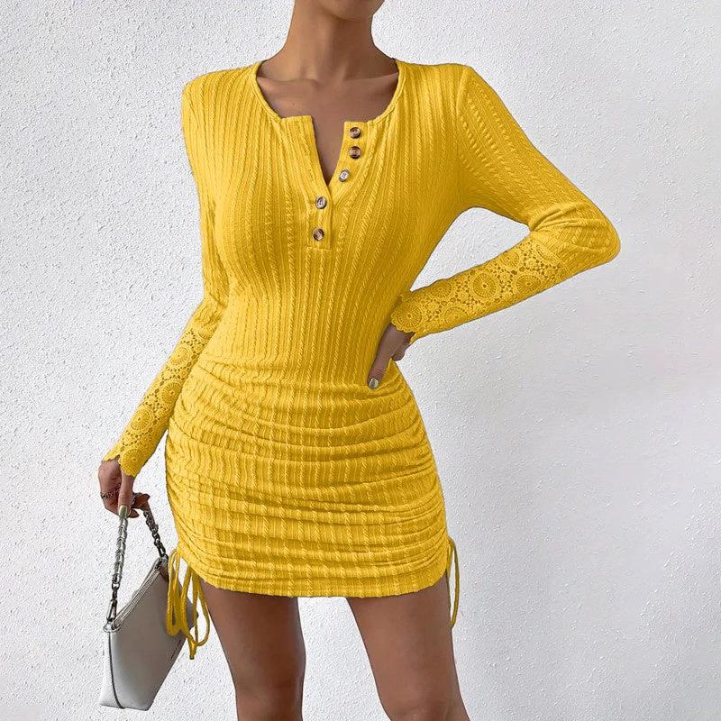 Women's Elegant Bodycon Dress - Round Neck With Button Detail, Solid Color Long Sleeve Lace Cuff & Drawstring Hem Holiday Dress by GJG Denim
