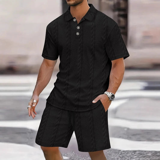Men's Lapel-collar Short-sleeve Top With Shorts Set by GJG Denim