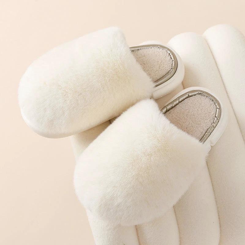 Fuzzy House Slippers Winter Warm Plush Faux Rabbit Fur Bedroom Shoes by GJG Denim