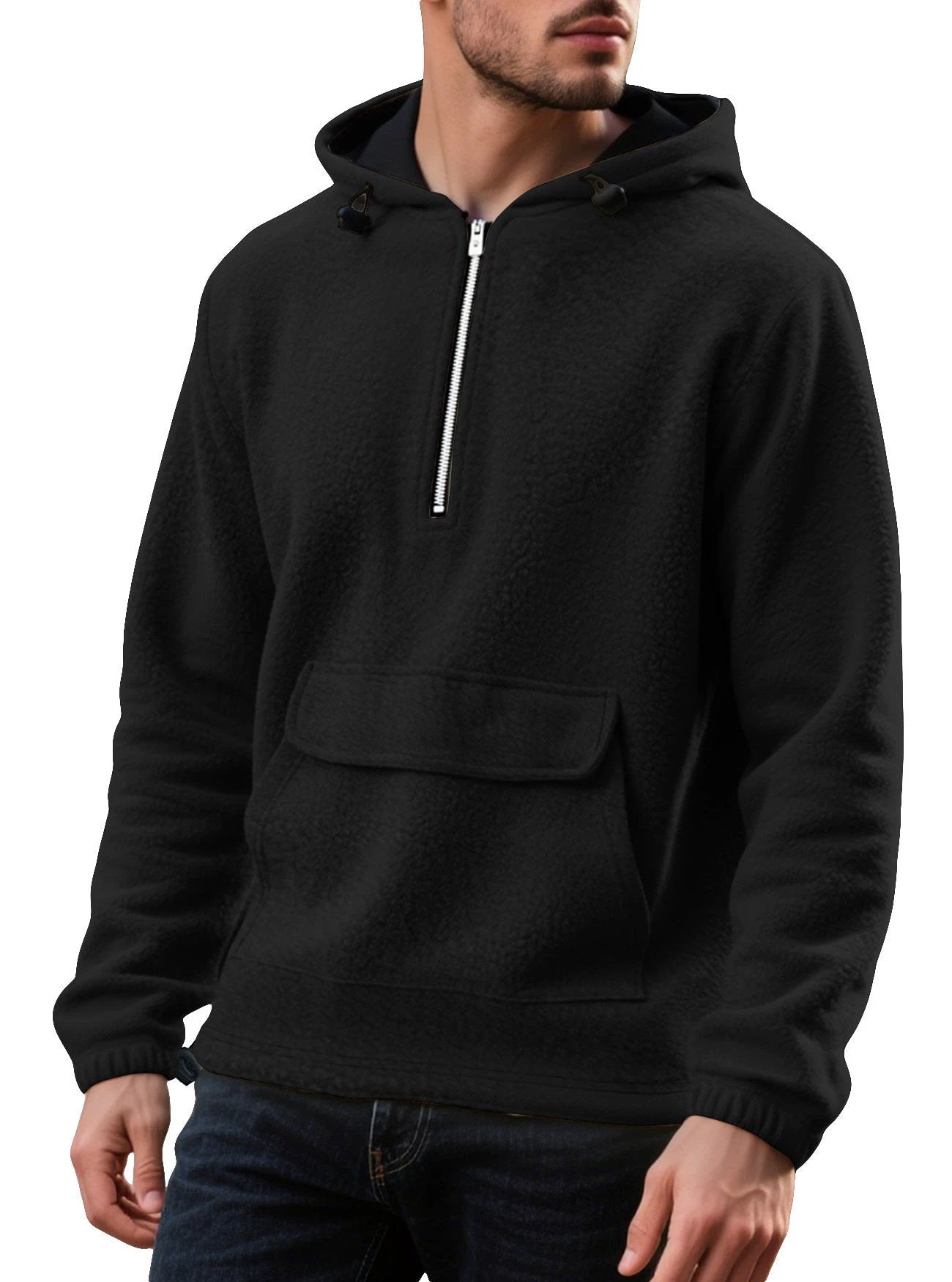 Men's Padded Fleece Solid Color Half Zip Hooded Pullover Sweater by GJG Denim