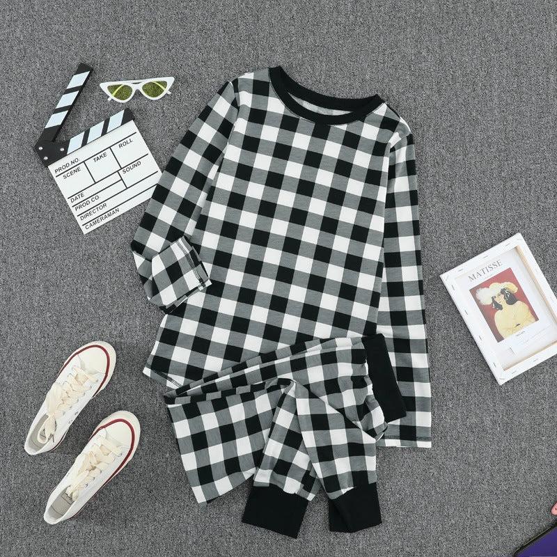 Christmas Long-sleeved Trousers Loungewear Suit Plaid Contrast Color Home Pajamas For Women by GJG Denim