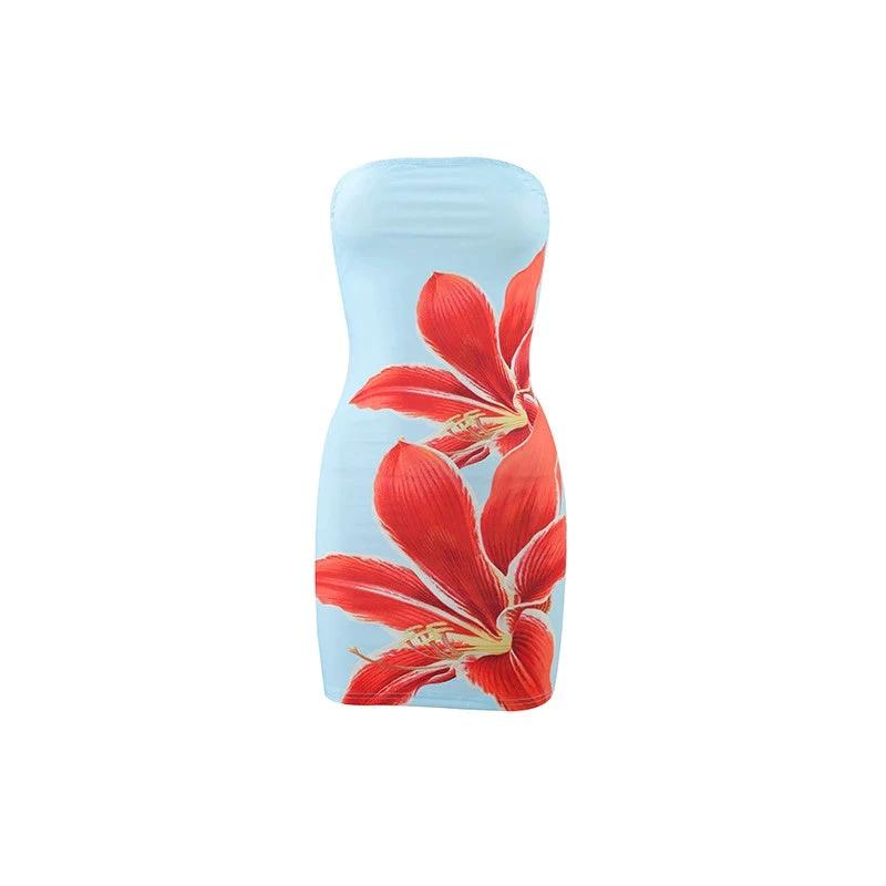 Women's Tube Top Flower Print Slim Sheath Short Dress by GJG Denim