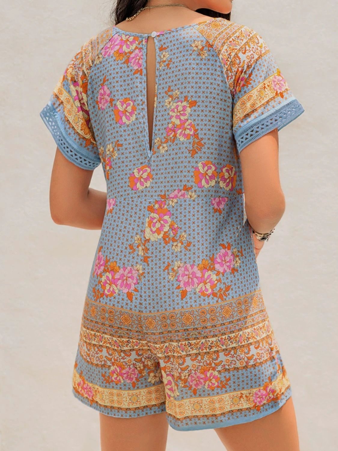 Printed V-Neck Short Sleeve Romper by Lady Ros