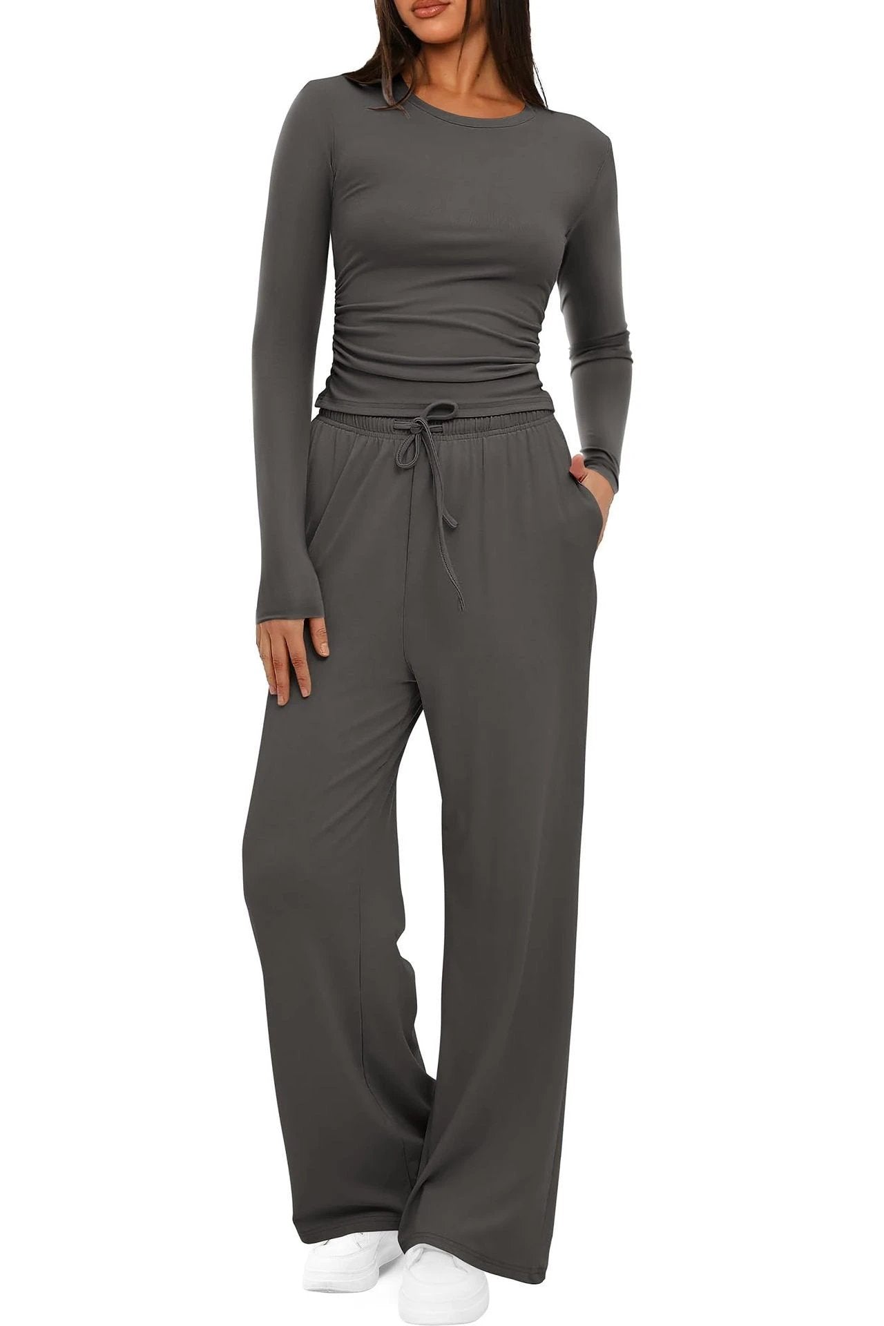 2 Pieces Women's Suit Autumn Winte Long Sleeve Tops High Waisted Wide Leg Pants Sportswear Female Clothes Solid Color Casual Suit by GJG Denim