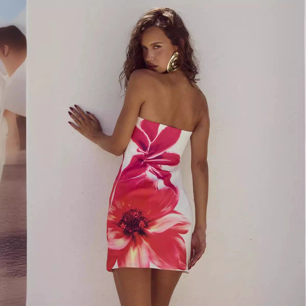 Women's Tube Top Flower Print Slim Sheath Short Dress by GJG Denim