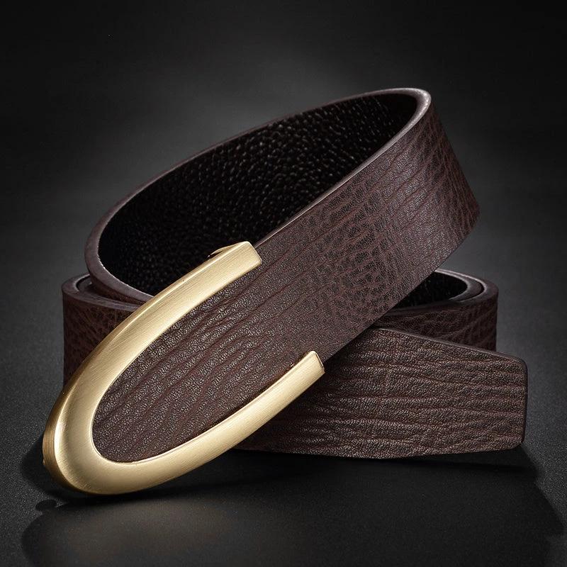 Men's Leather Smooth Buckle First Layer Cowhide Belt by GJG Denim