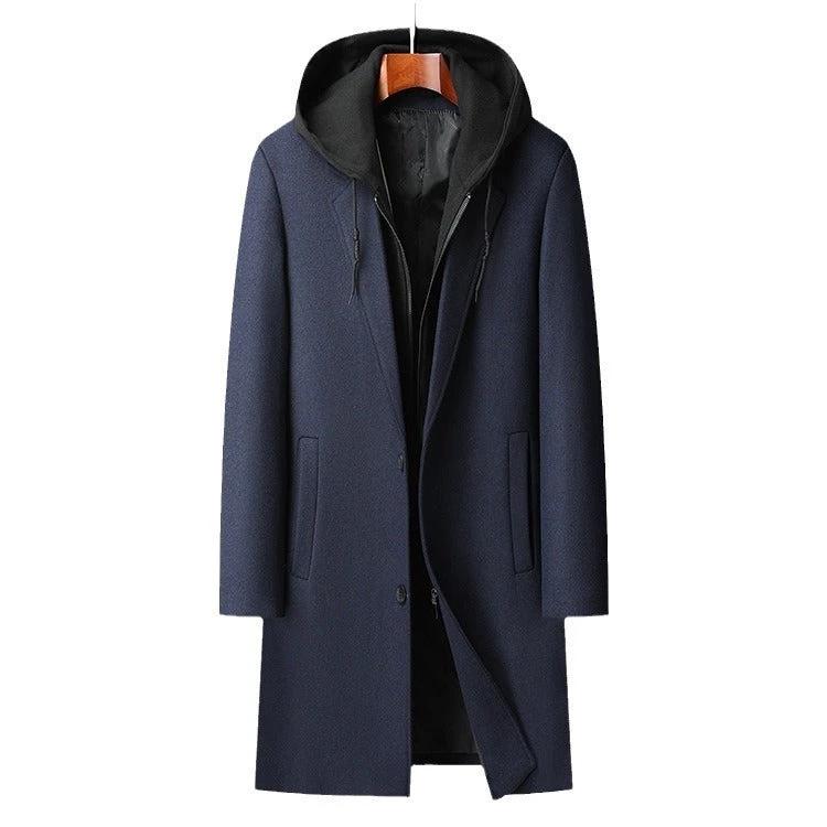 Men's Detachable Hooded Mid-length Woolen Trench Coat by GJG Denim