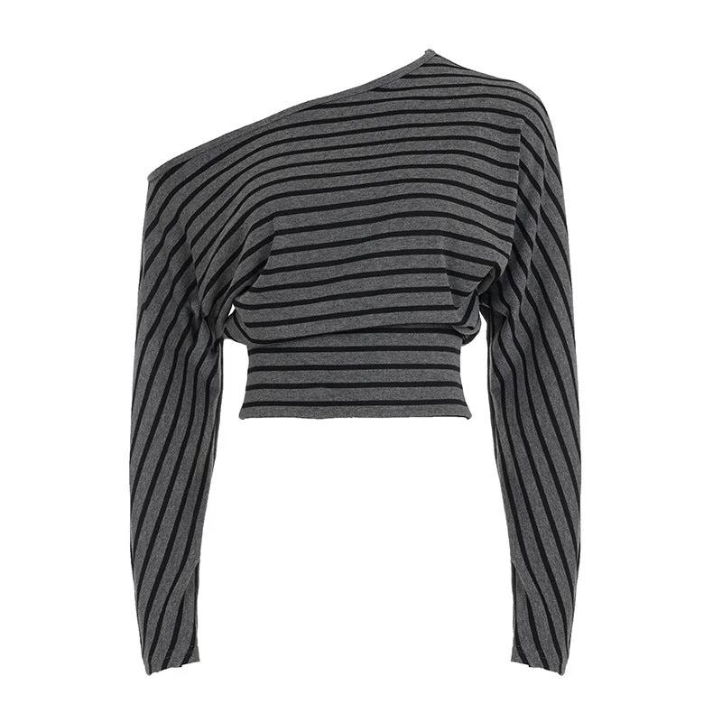 Womens Casual Striped Off-shoulder Long-sleeve Top And Shorts Set by GJG Denim