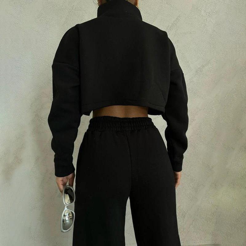 Women's Solid Color Round Neck Pullover Long Sleeve Sweater Trousers Suit by GJG Denim