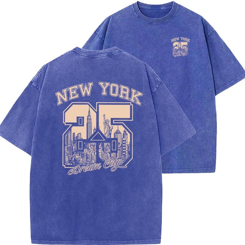 New Vintage Print Washed Short-sleeved T-shirt by GJG Denim