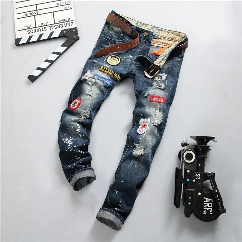 Men's Straight Slim Splash-ink Old Fashion Jeans by GJG Denim