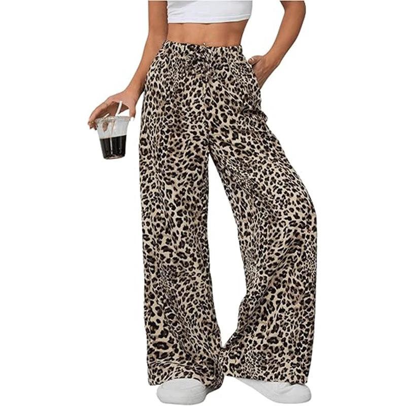 Women's Casual Leopard Print High Waisted Wide-Leg Pants Elegant Drawstring Loose Long Trousers by GJG Denim