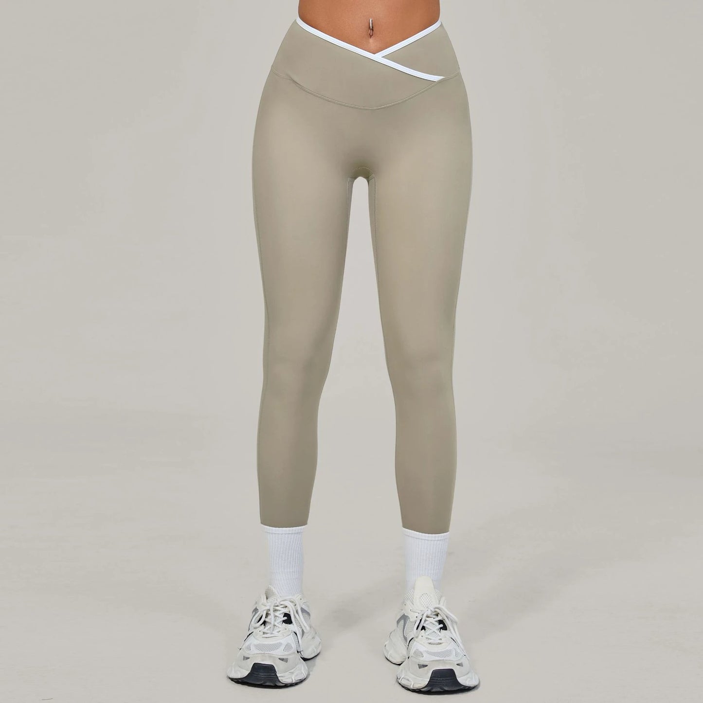 Bare-feel Tight Cross-over High-waist Contrast-color Leggings by GJG Denim