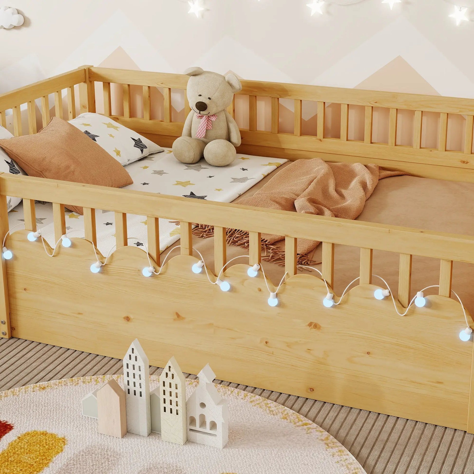Full Montessori Floor Bed Frame With High Rails, Wood Kids Floor Beds With Light And Storage Shelf, Natural by GJG Denim