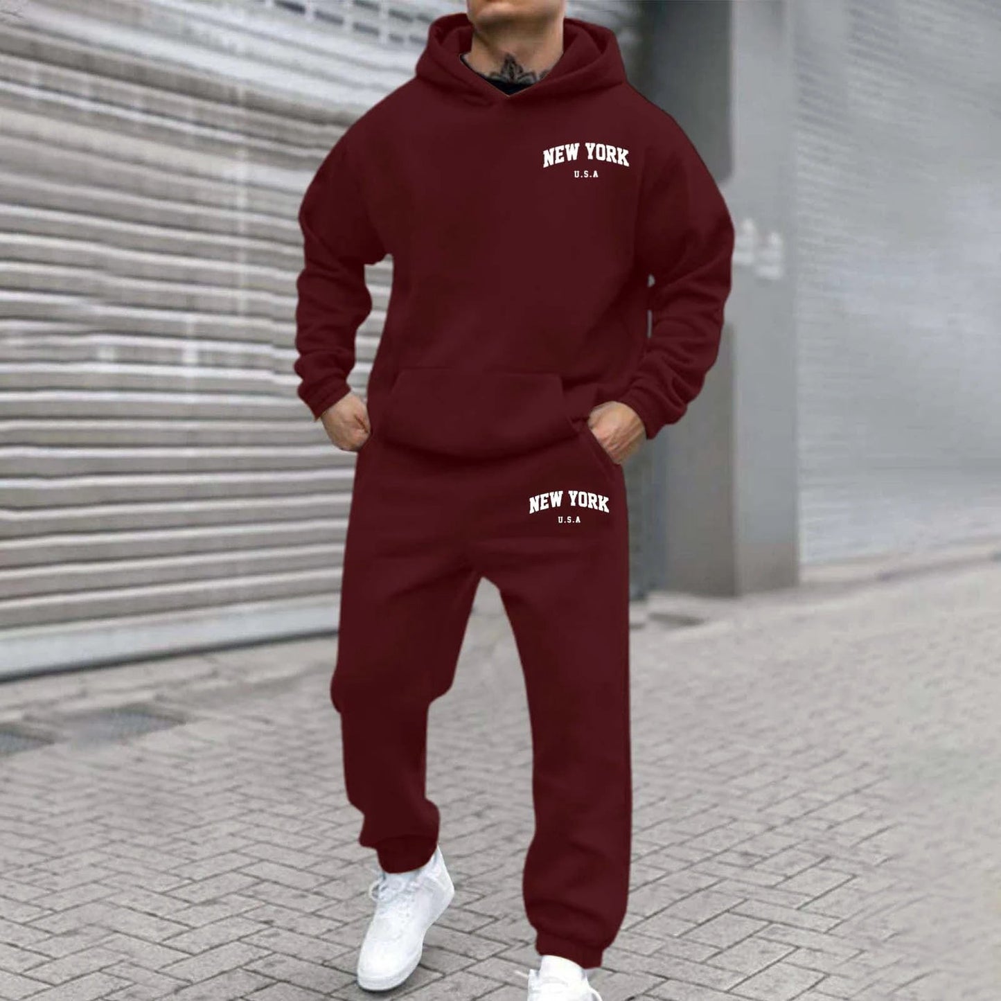Men's Fleece-Lined Printed Hoodie And Pants Set by GJG Denim