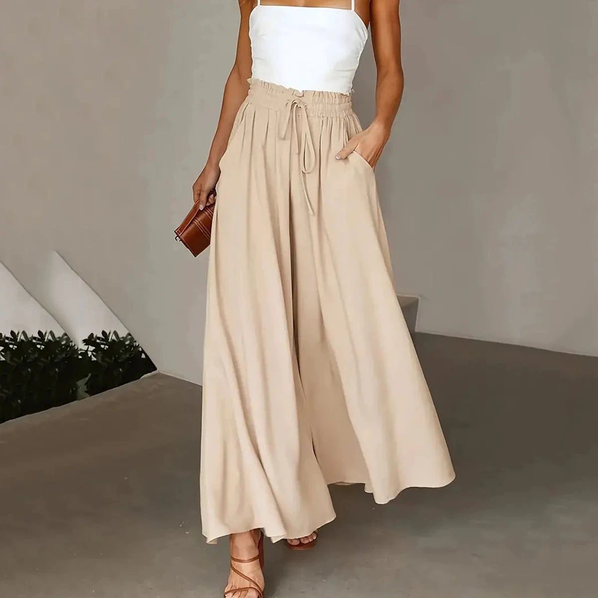 Plus Size Wide Leg Pants - Stylish Solid Paper Bag Waist Design, Elegant Pocket Tie Front, Loose Fit For Comfort, Perfect For Spring & Summer, Women's Fashionable Clothing For Curvy Figures by GJG Denim