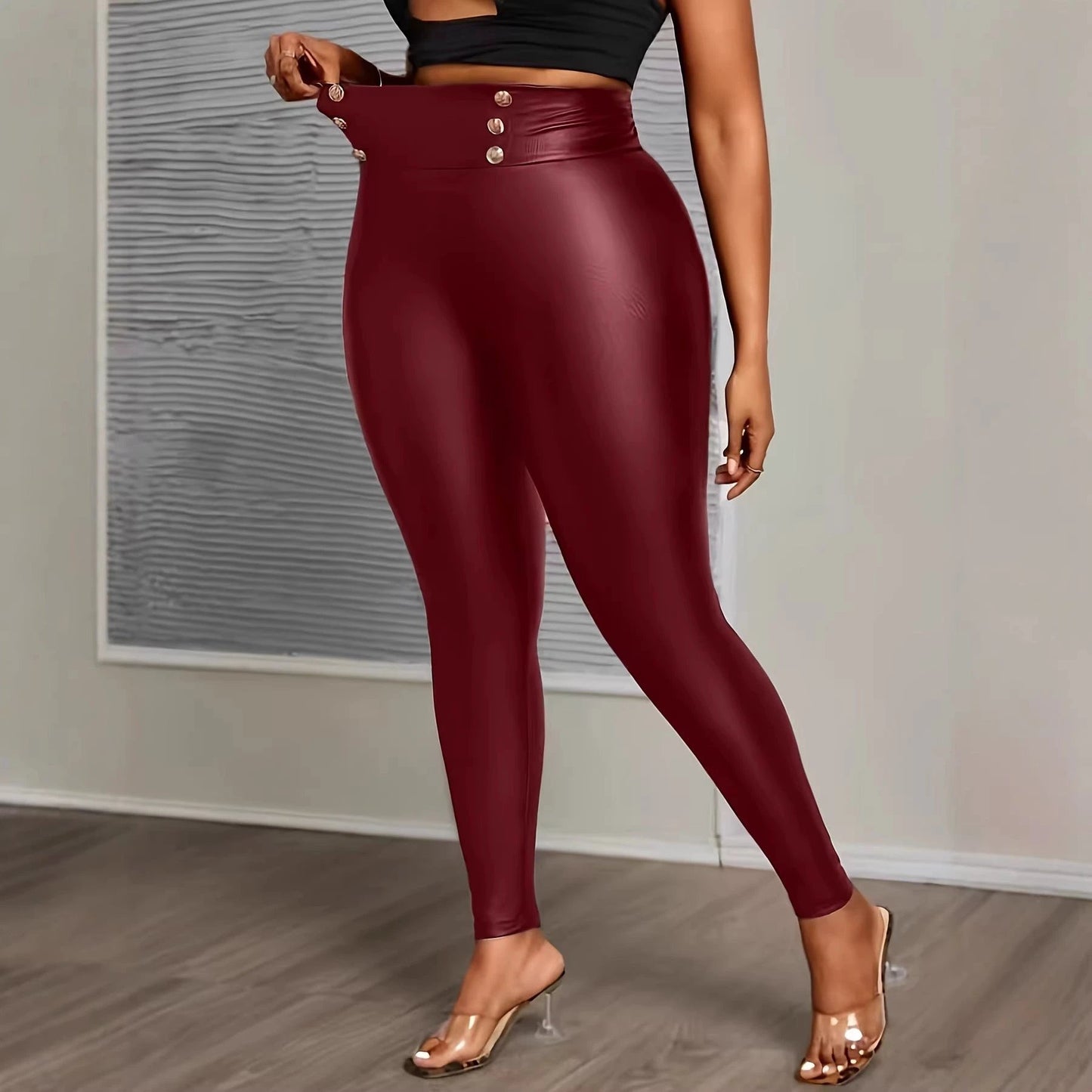Plus-size Buttoned Tight-fit Figure-flattering Solid-color Stretchy PU Leather by GJG Denim