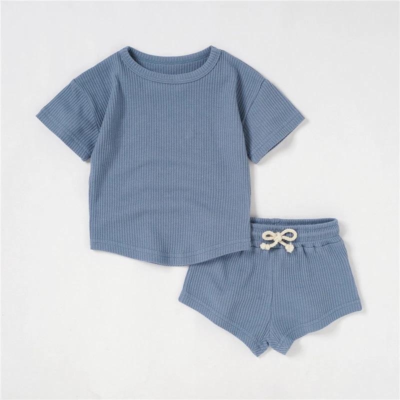 Children's Short-sleeved Suit Solid Color Baby Short Sleeve Two-piece Suit by GJG Denim