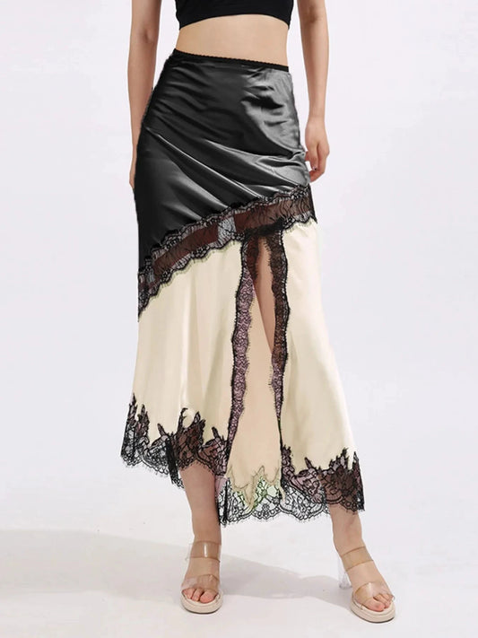Lace Trim Asymmetrical Midi Skirt by Lady Ros