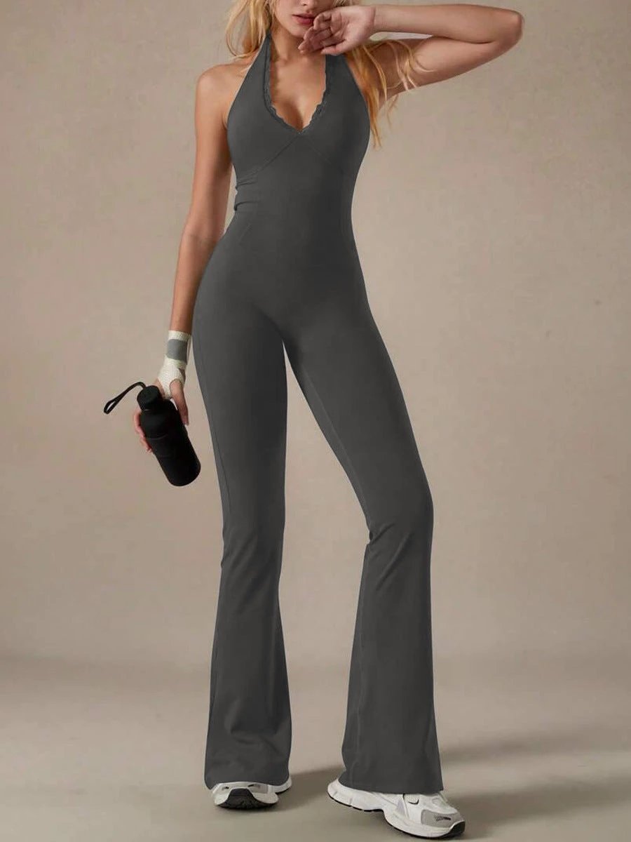 Lace Neckline Yoga Clothes Trousers Running Sports Neck-hanging Jumpsuit by GJG Denim