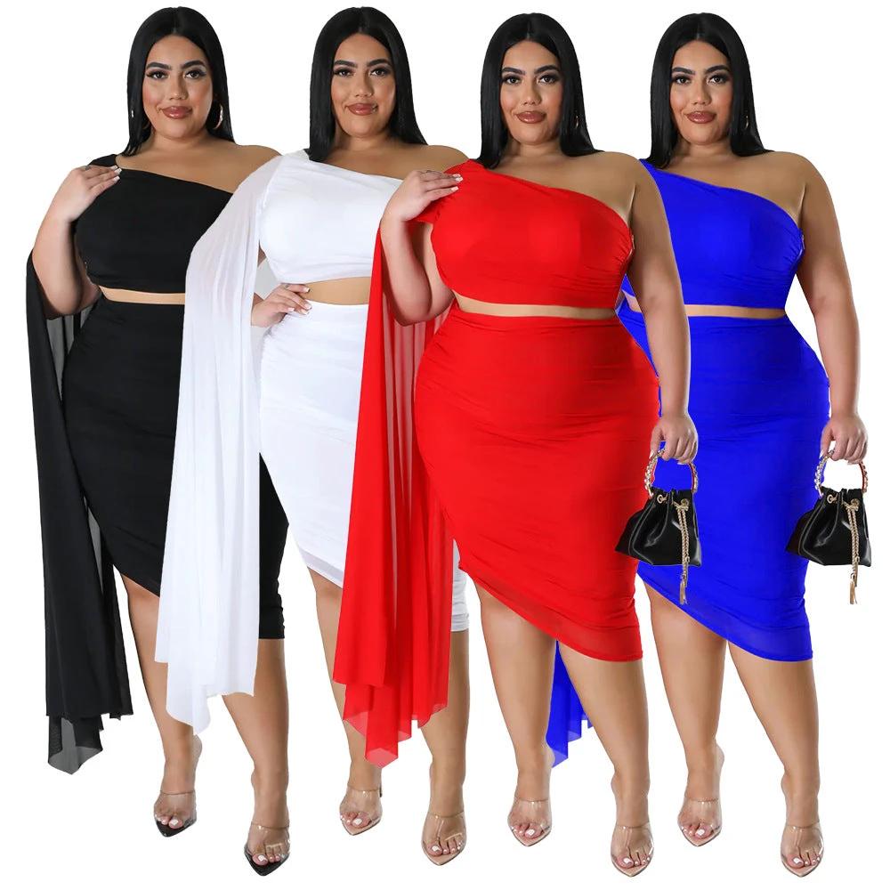 New Fashion Women's High-elastic Off-shoulder Long-train Sleeve Pleated Two-piece Set by GJG Denim