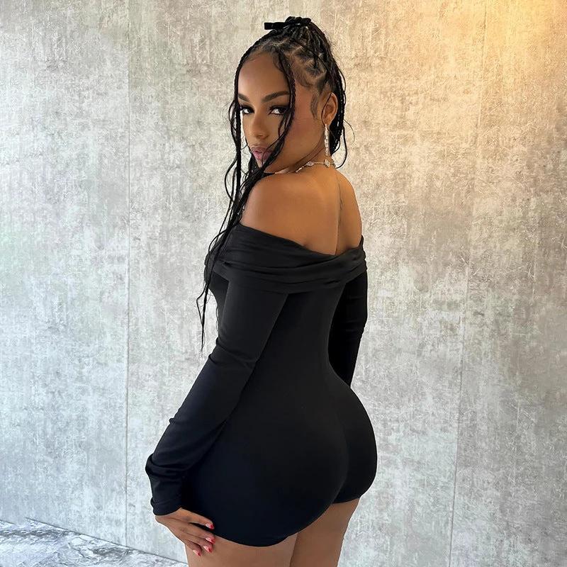 Women's Off-shoulder Pleating Long Sleeve High Waist One-piece Shorts by GJG Denim