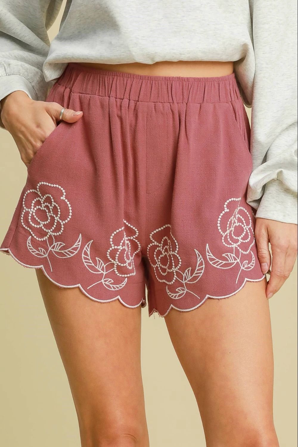 Umgee Full Size Linen Blend Shorts with Floral Embroidered Details Plus Size by Lady Ros