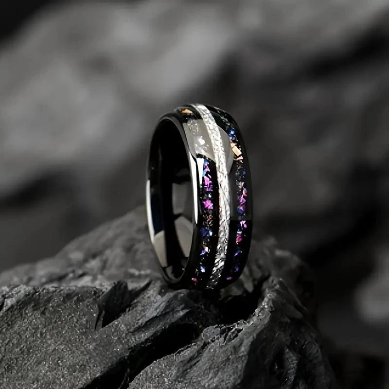 Stainless Steel With Starry Sky Colorful Silver Silk Opal Ring For Men by GJG Denim