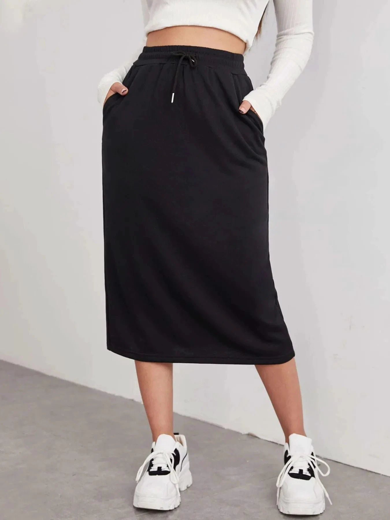 Slit Drawstring Midi Skirt by Lady Ros