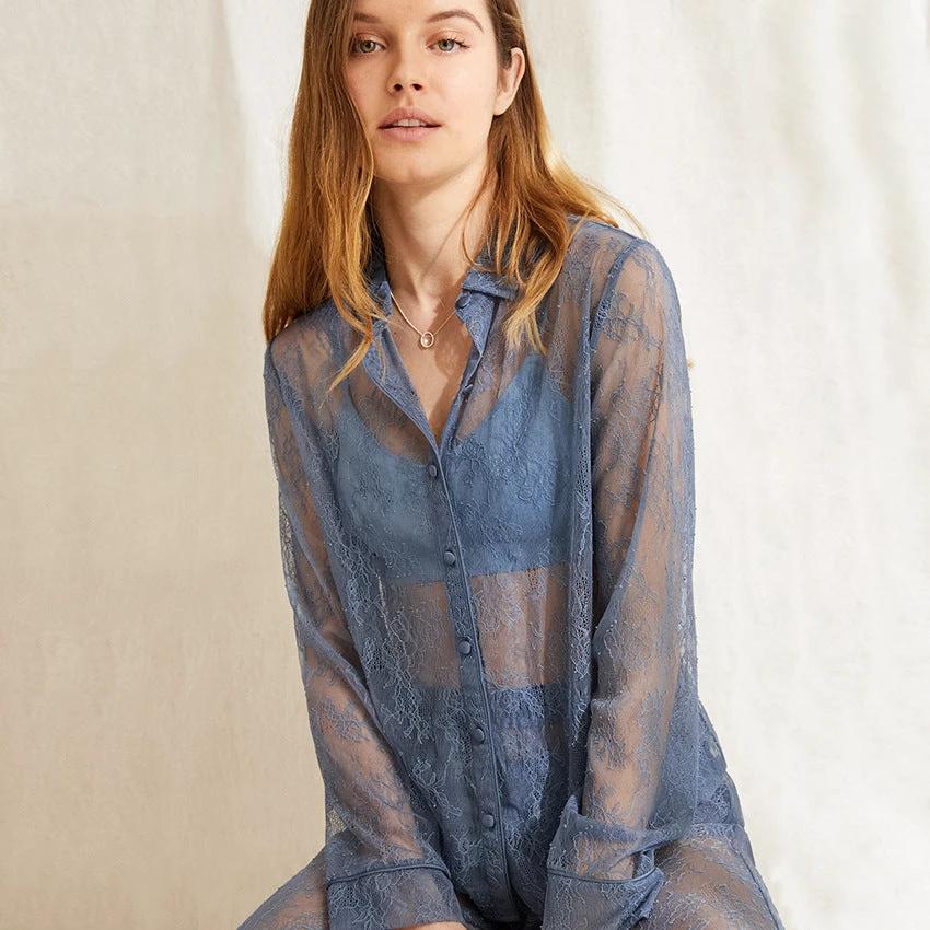 European And American Lace See-through Dress Long-sleeved Lapel Sexy Sexy Net Gauze Pajamas Women by GJG Denim