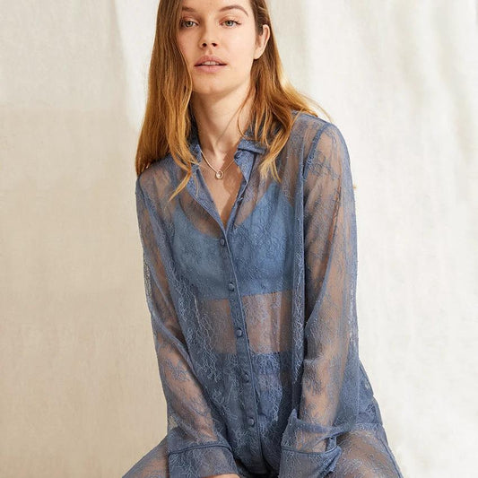 European And American Lace See-through Dress Long-sleeved Lapel Sexy Sexy Net Gauze Pajamas Women by GJG Denim