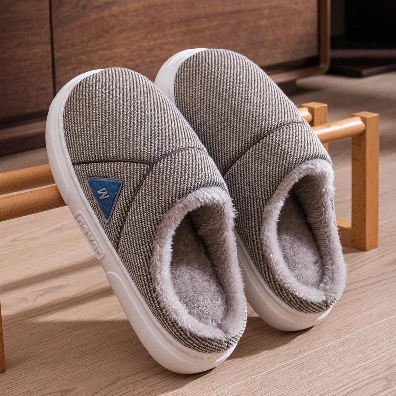 Men's Solid Striped Fleece Plush Slippers by GJG Denim