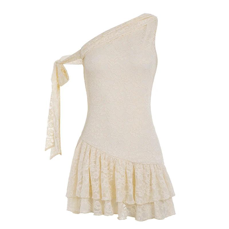 French-style Asymmetrical Off-Shoulder Lace Sleeveless Dress With Tying Straps by GJG Denim
