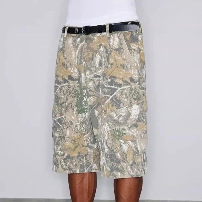 Retro Distressed Branch Camouflage Workwear Shorts by GJG Denim