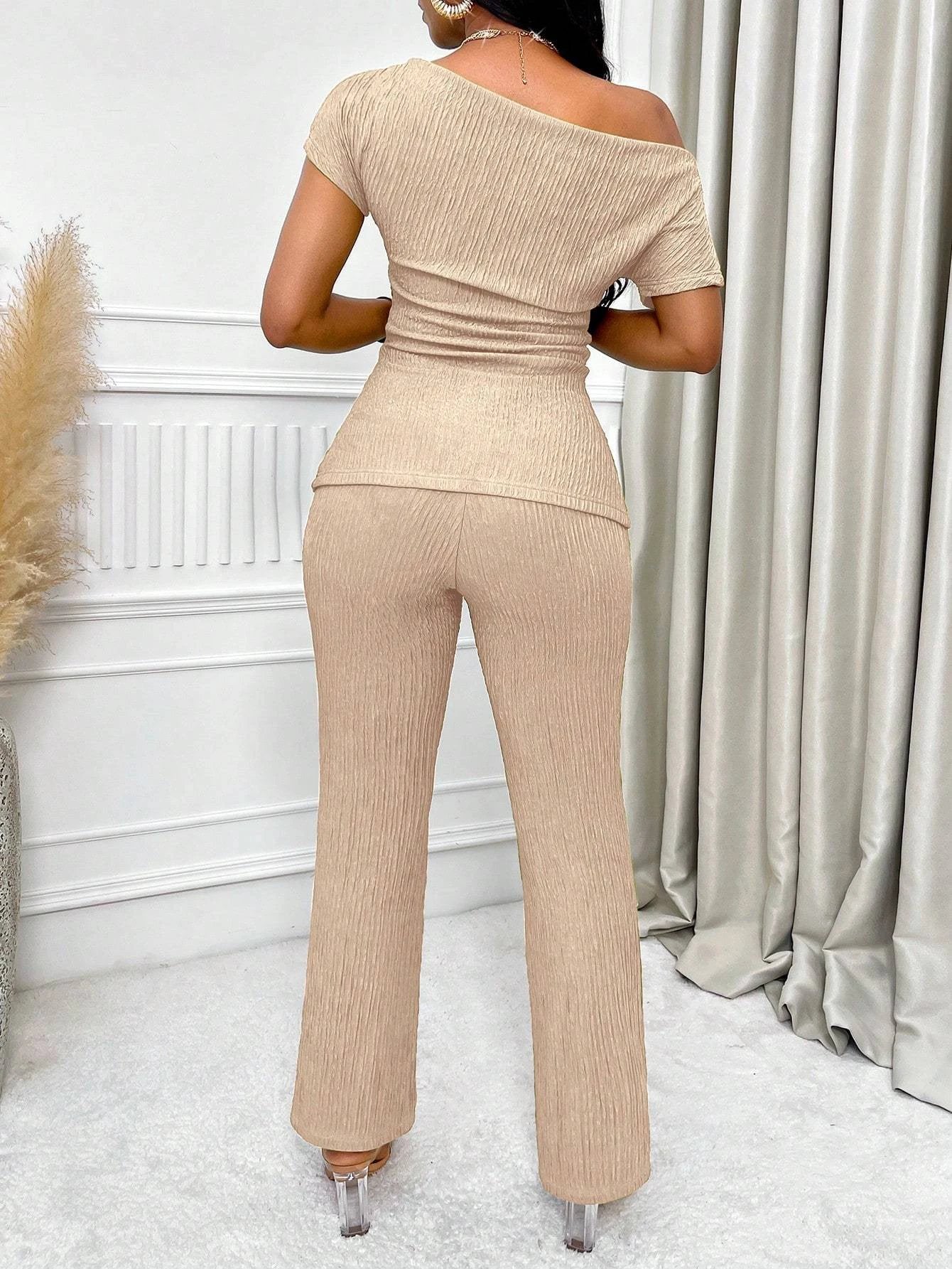 Neck Split Hem Ruched Top & Flare Leg Pants by GJG Denim