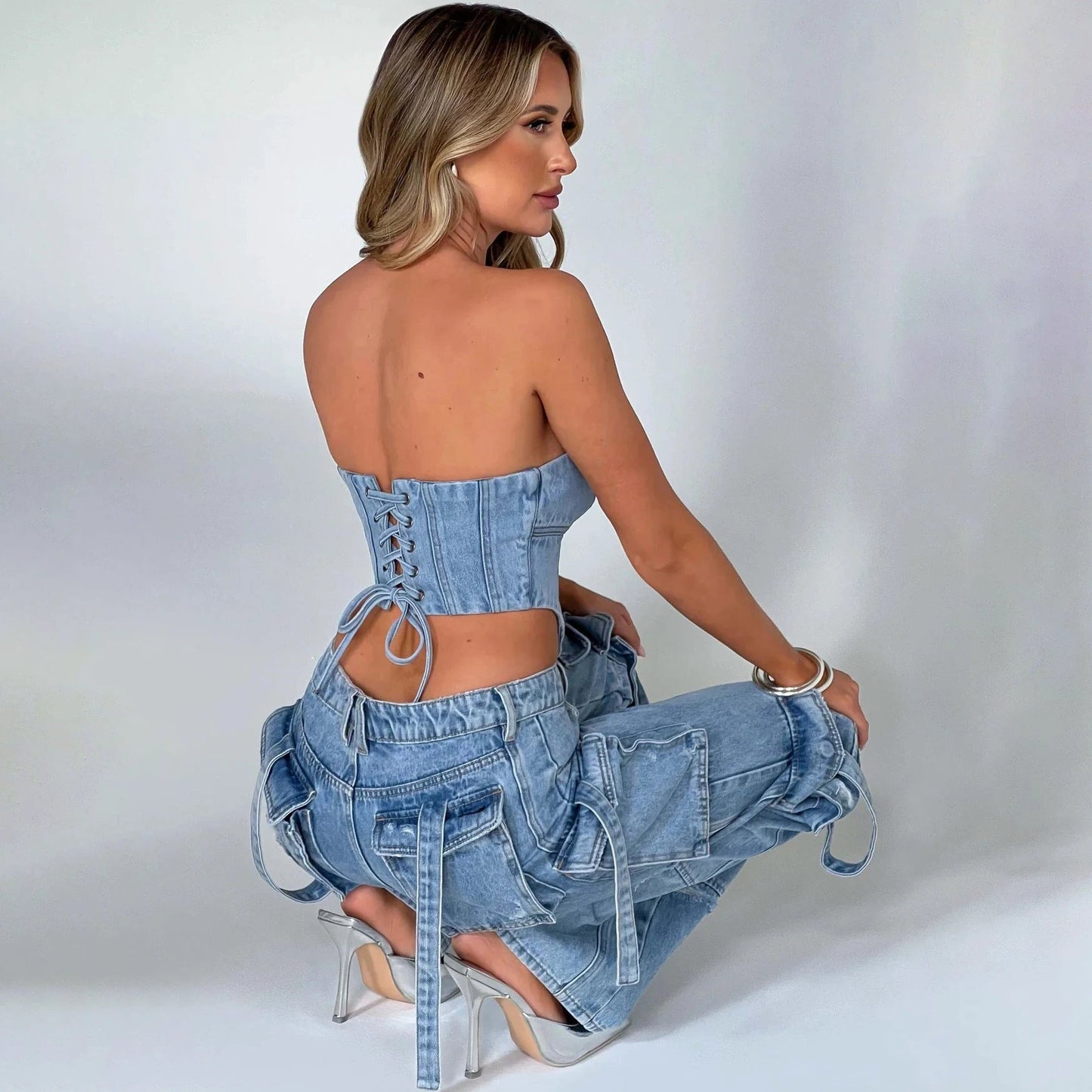 Tube Top And Pocket Stitching Jeans Pants by GJG Denim