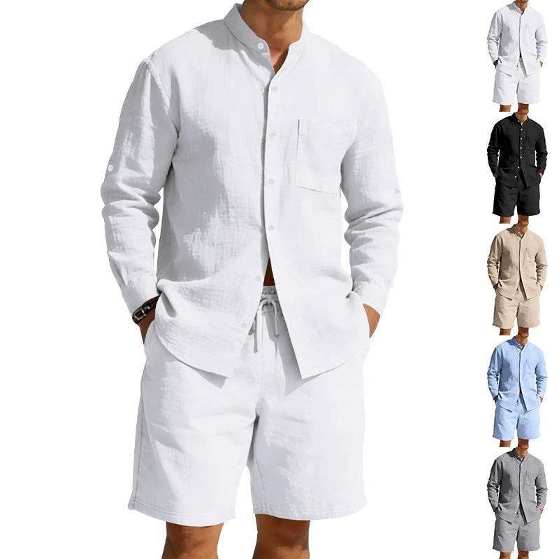 Men's Casual Linen Shirt And Shorts Set by GJG Denim