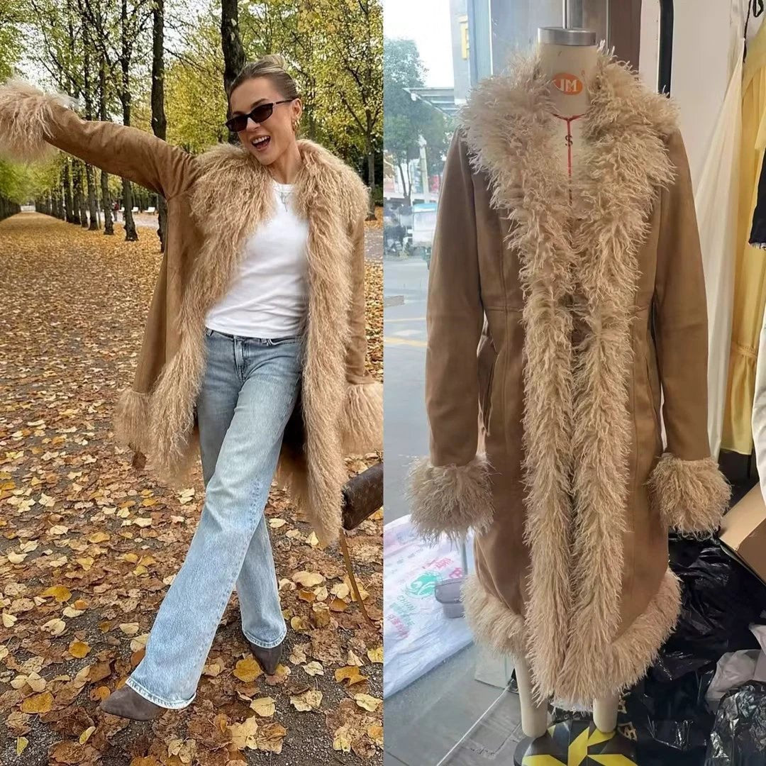 Stylish Mid-Length Suede And Fur Patchwork Coat by GJG Denim