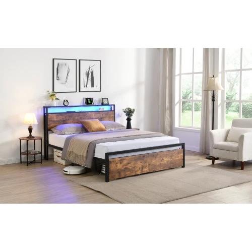 Queen Size Bed Frame With Storage Headboard And 2 Drawers, LED Lights Bed With Charging Station by GJG Denim