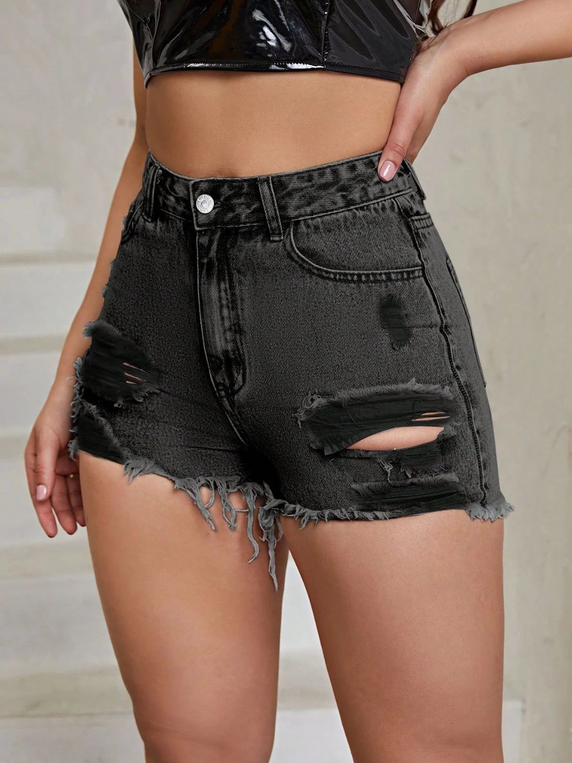 Distressed Raw Hem High Rise Denim Shorts by Lady Ros