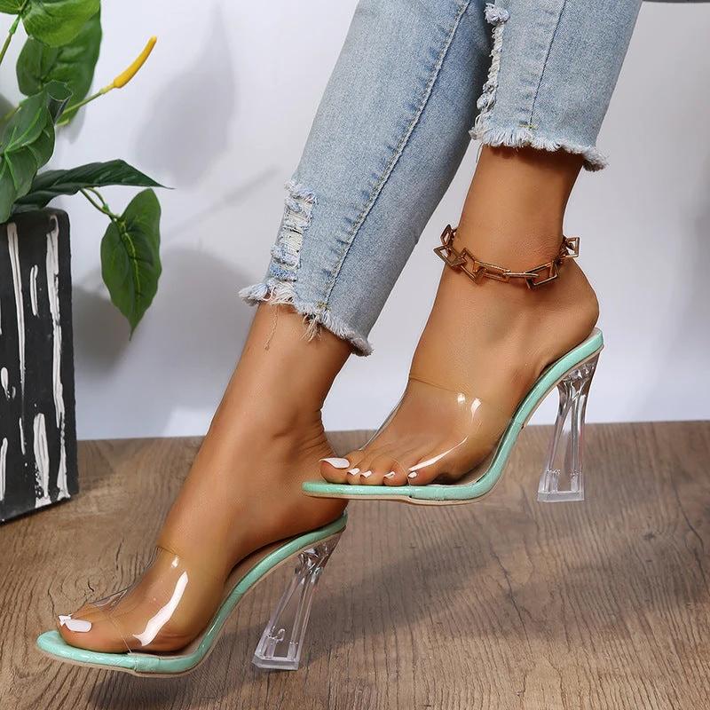 Transparent Mid-heel Crystal Toe High Heel Slippers by GJG Denim
